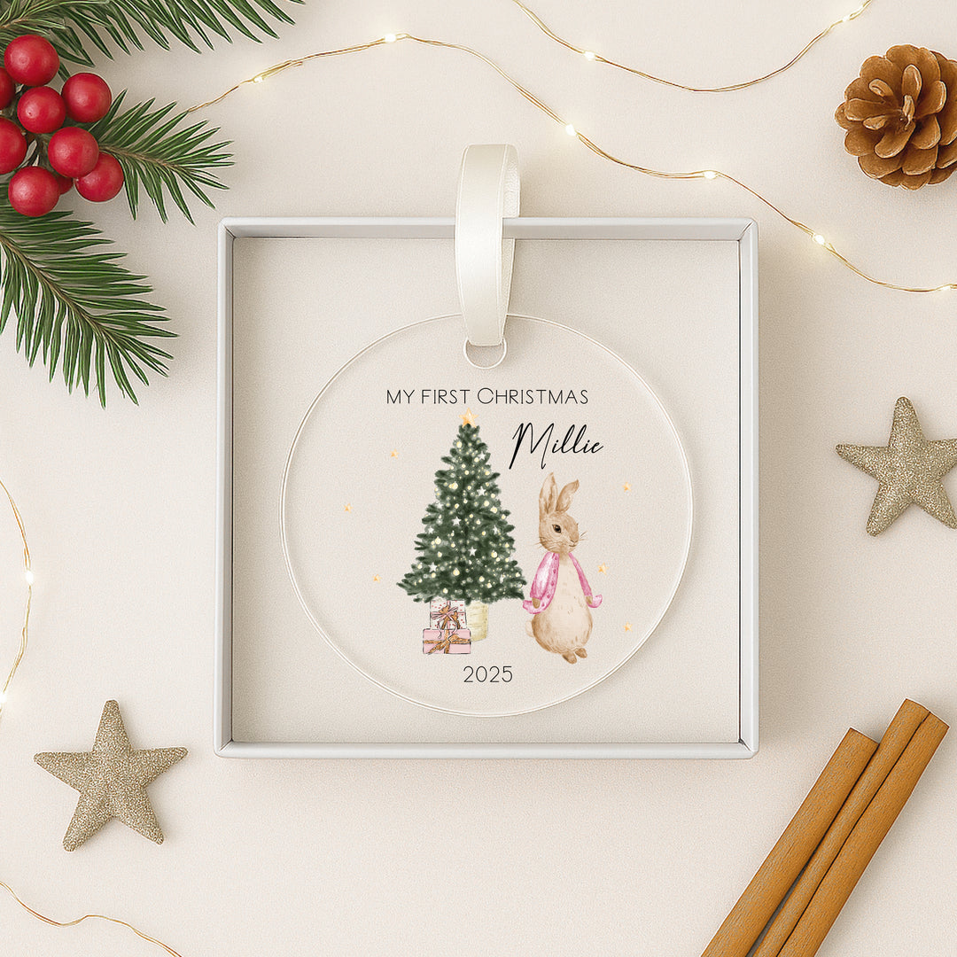 Personalised Pink Rabbit My First Christmas Acrylic Bauble