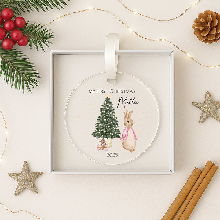 Personalised Pink Rabbit My First Christmas Acrylic Bauble