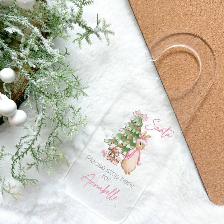 Personalised Pink Rabbit Santa Stop Here Door Sign