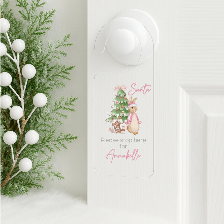 Personalised Pink Rabbit Santa Stop Here Door Sign