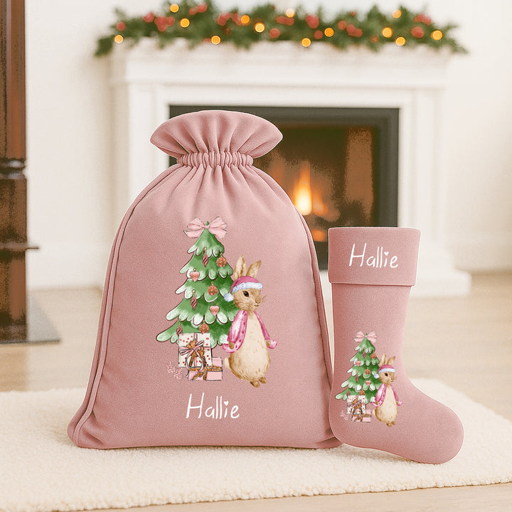 Personalised Pink Rabbit Christmas Tree Stocking or Santa Sacks