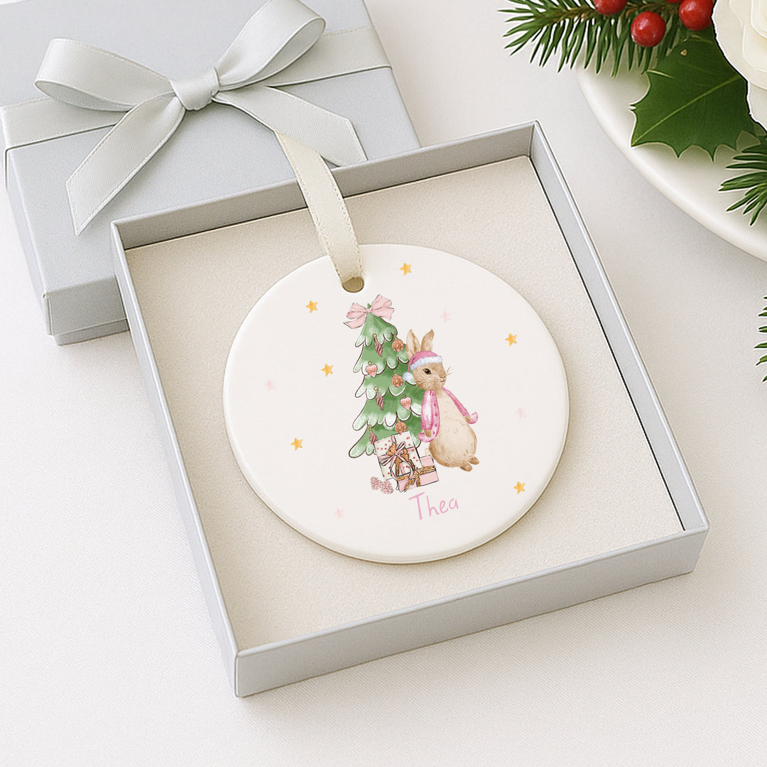 Personalised Pink Rabbit Christmas Ceramic Bauble