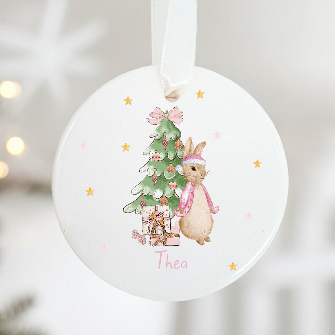 Personalised Pink Rabbit Christmas Ceramic Bauble