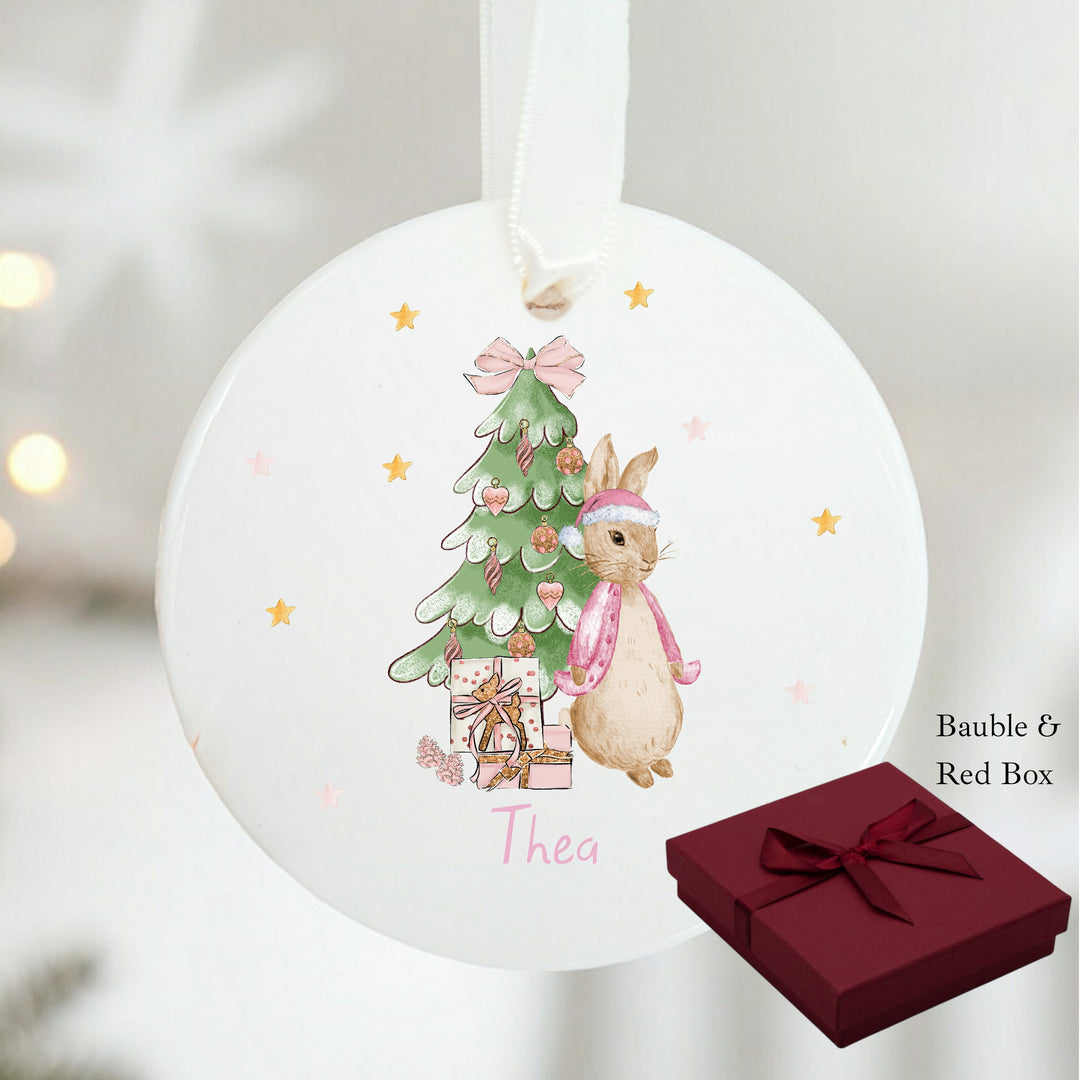 Personalised Pink Rabbit Christmas Ceramic Bauble