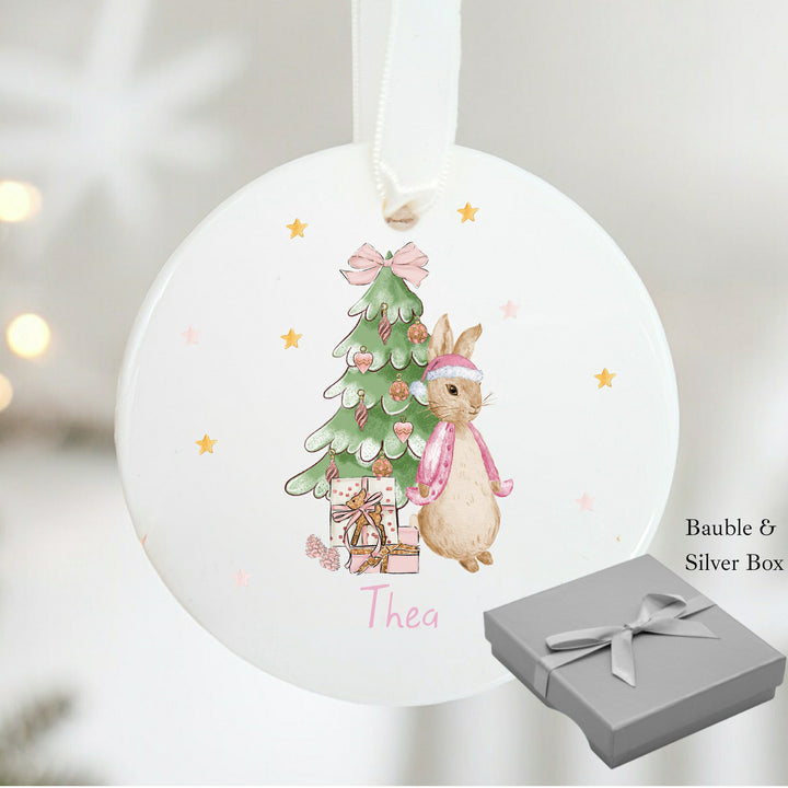 Personalised Pink Rabbit Christmas Ceramic Bauble