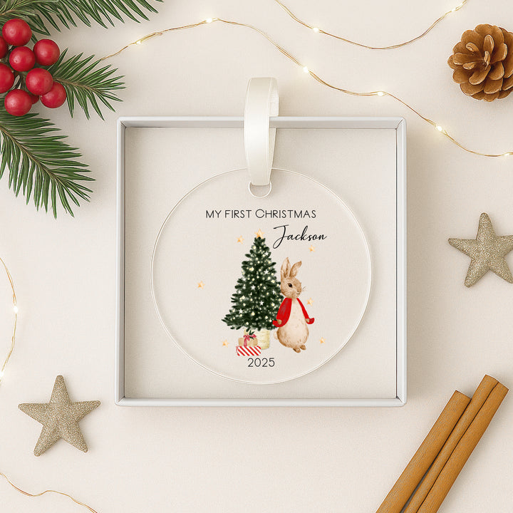 Personalised Red Rabbit My First Christmas Acrylic Bauble