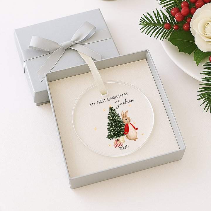 Personalised Red Rabbit My First Christmas Acrylic Bauble