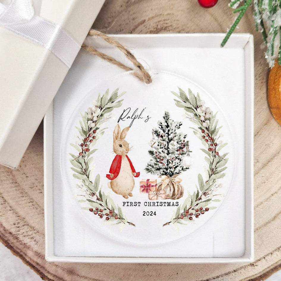 Personalisesd My First Christmas Red Rabbit Wreath Acrylic Bauble