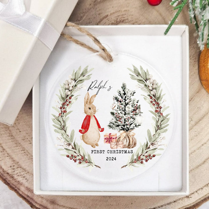 Personalisesd My First Christmas Red Rabbit Wreath Acrylic Bauble
