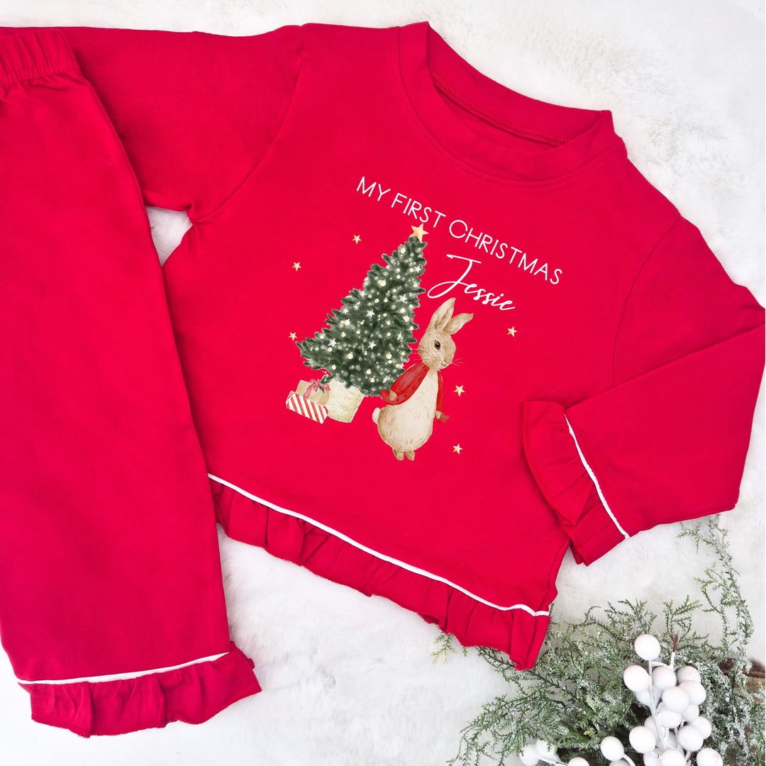 Personalised Red Frilly Rabbit Tree Christmas Pyjamas