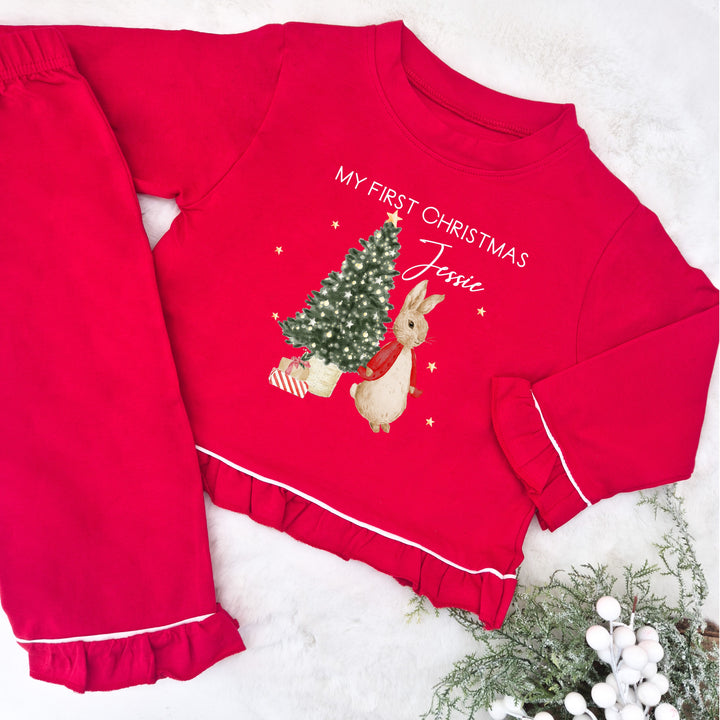Personalised Red Frilly Rabbit Tree Christmas Pyjamas