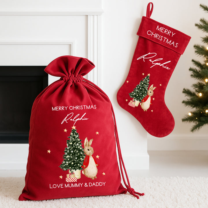 Personalised Red Rabbit Christmas Stocking or Santa Sack