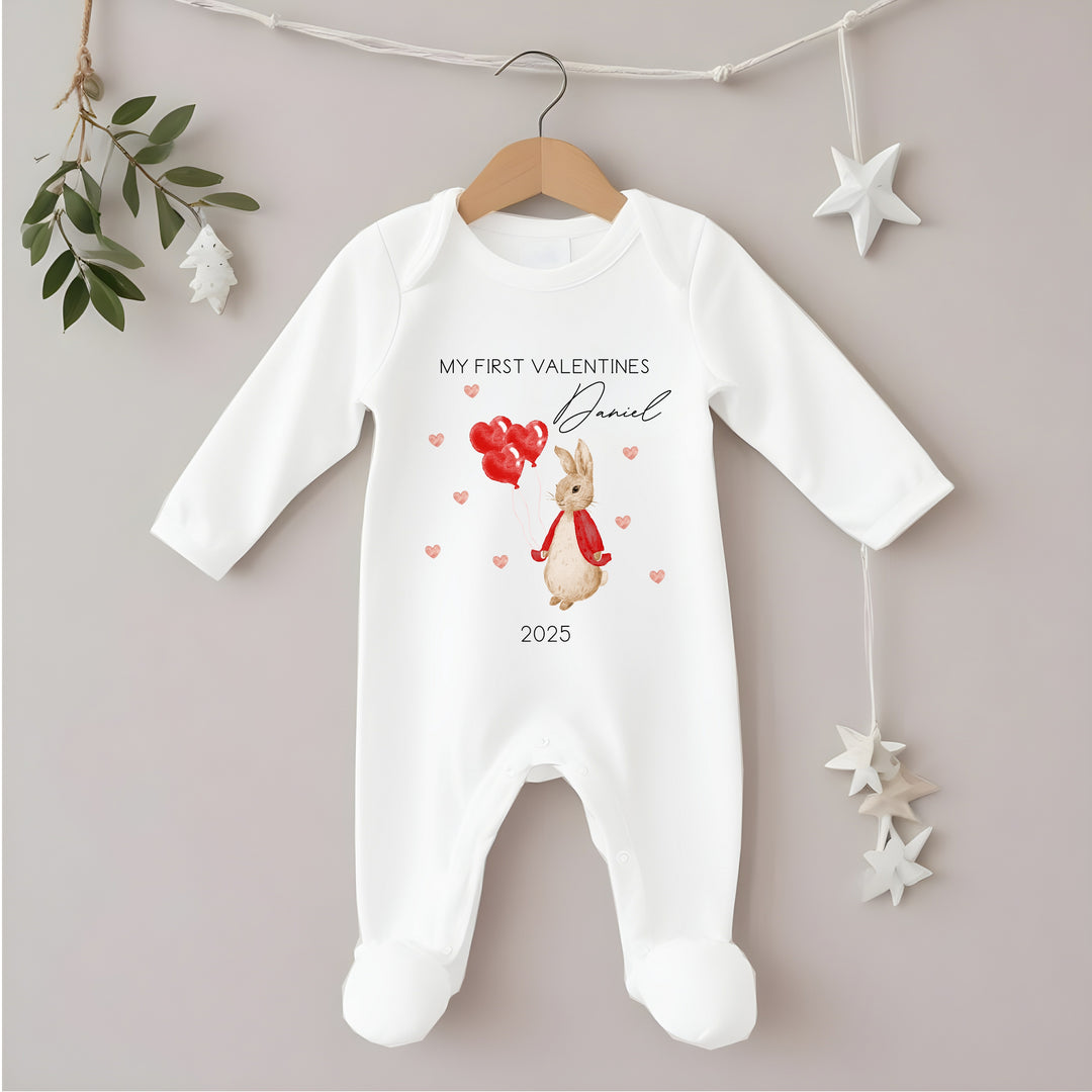 Personalised First Valentines Red Rabbit Babygrow/Vest