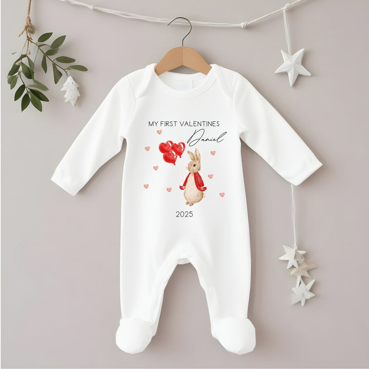 Personalised First Valentines Red Rabbit Babygrow/Vest
