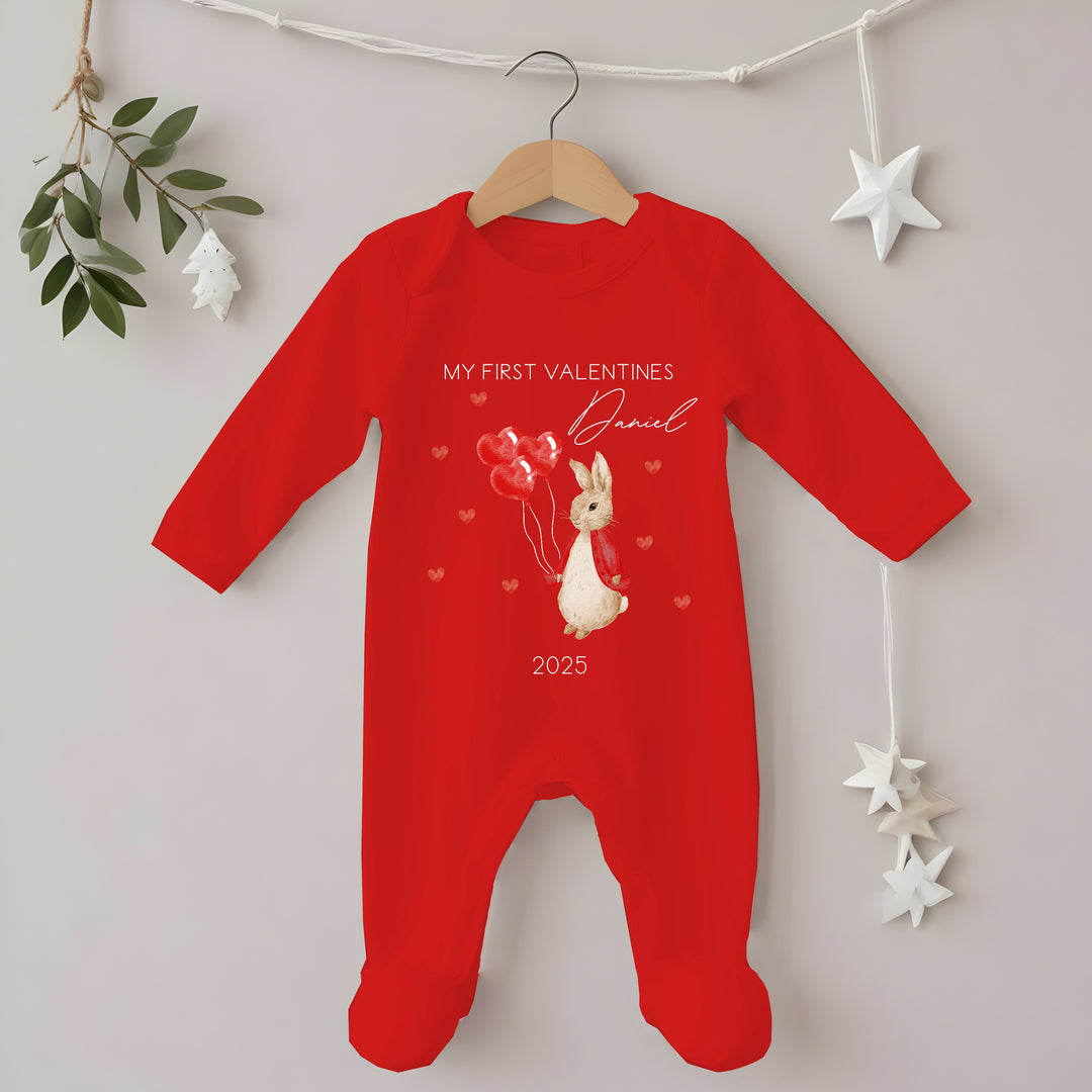 Personalised First Valentines Red Rabbit Babygrow/Vest