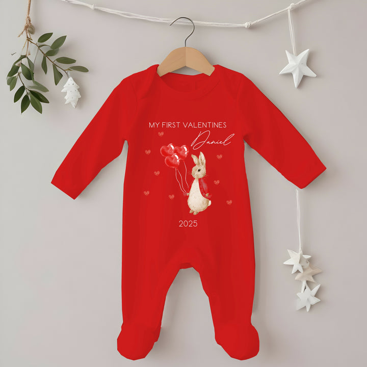 Personalised First Valentines Red Rabbit Babygrow/Vest