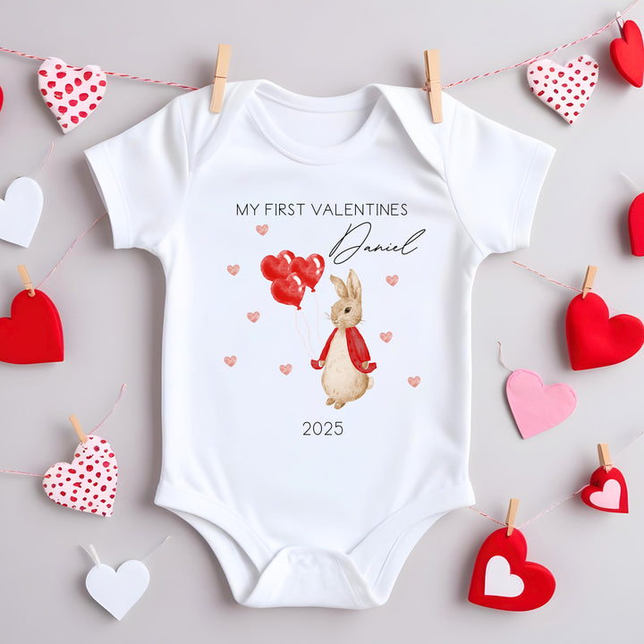 Personalised First Valentines Red Rabbit Babygrow/Vest