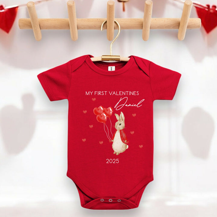 Personalised First Valentines Red Rabbit Babygrow/Vest