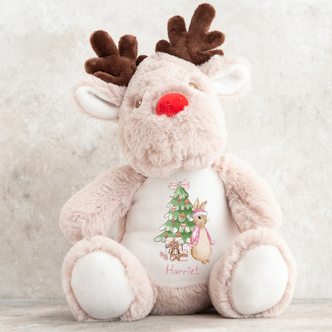 Personalised Christmas Pink Rabbit Bunny/Reindeer Teddy