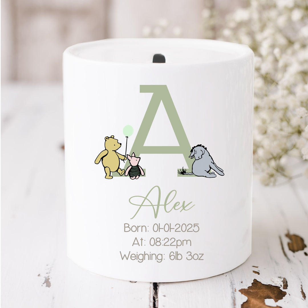Personalised Sage Green Pooh Bear Ceramic Money Box