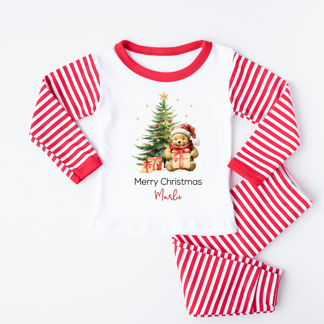 Personalised Pooh Bear Christmas Tree Red Striped Pyjamas