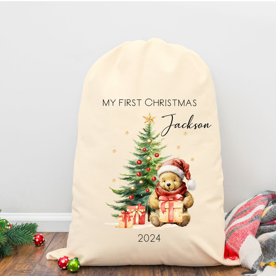 Personalised My First Christmas Pooh Bear Santa Sack or Stocking