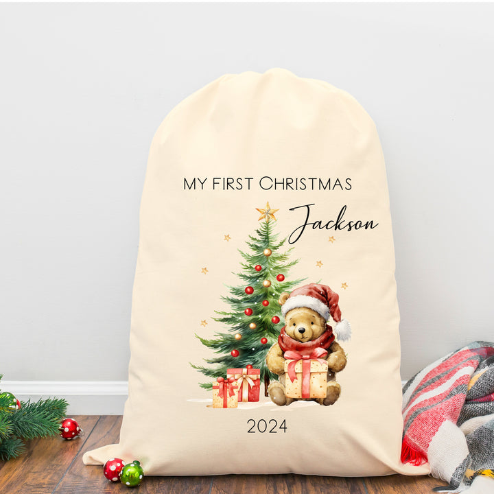 Personalised My First Christmas Pooh Bear Santa Sack or Stocking