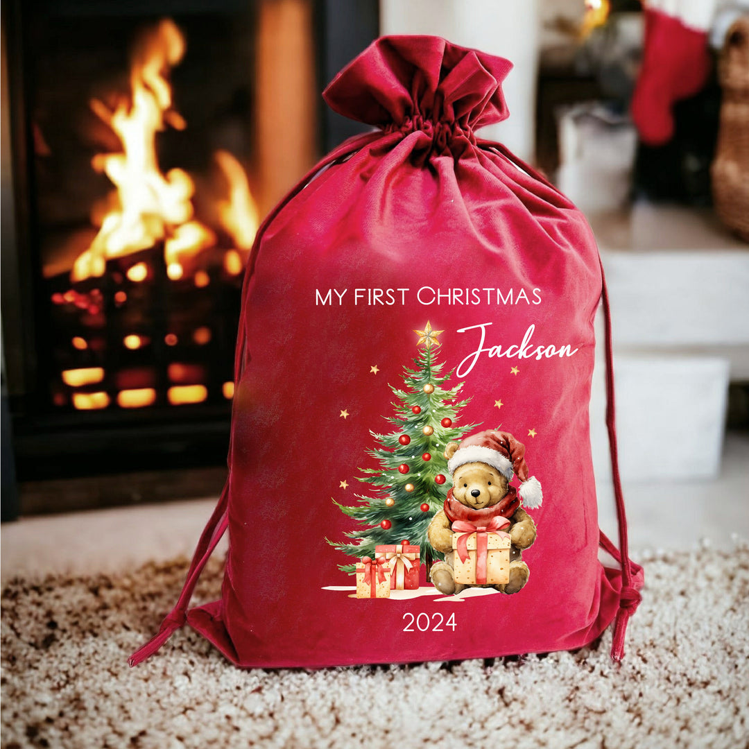 Personalised Pooh Bear Christmas Tree Stocking or Santa Sack