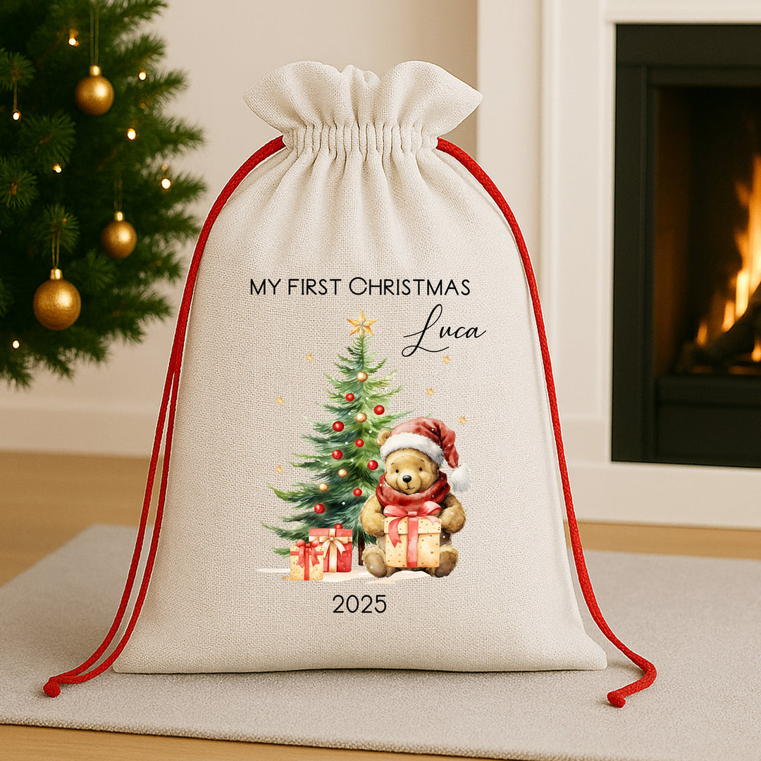 Personalised My First Christmas Pooh Bear Santa Sack or Stocking