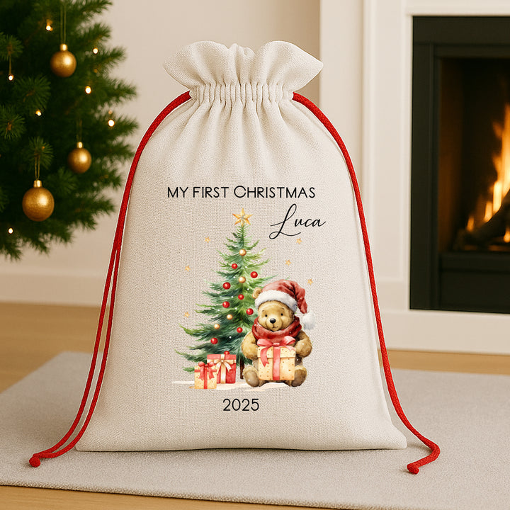 Personalised My First Christmas Pooh Bear Santa Sack or Stocking