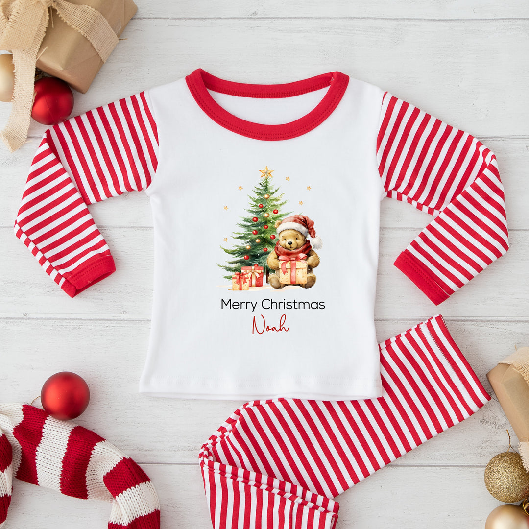 Personalised Pooh Bear Christmas Tree Red Striped Pyjamas
