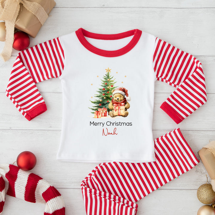 Personalised Pooh Bear Christmas Tree Red Striped Pyjamas