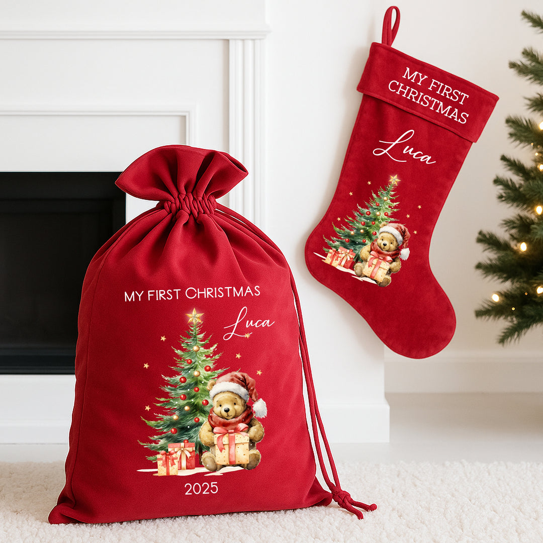 Personalised Pooh Bear Christmas Tree Stocking or Santa Sack