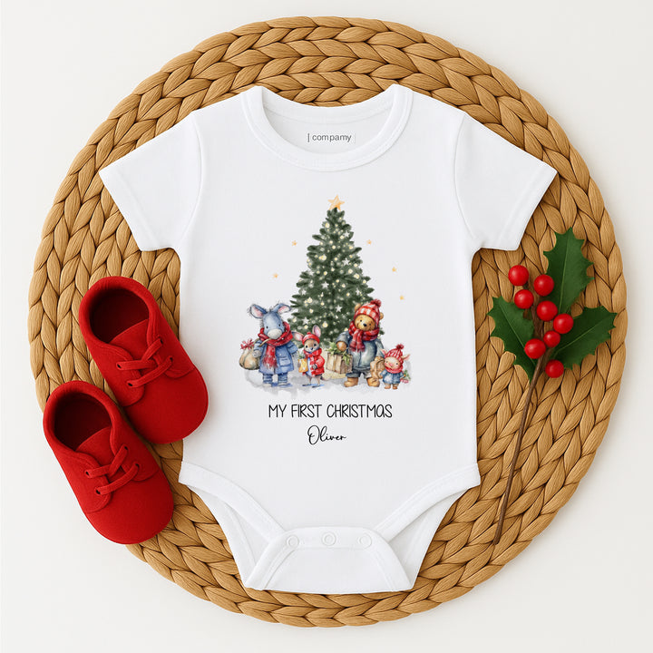 Personalised Pooh Bear Christmas Scene Baby Grow/Vest
