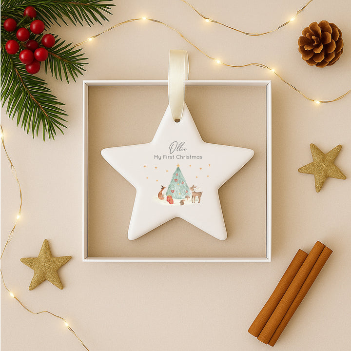 Personalised First Christmas Woodlands Scene Star Bauble