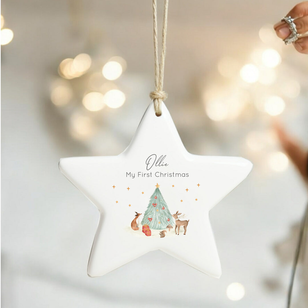 Personalised First Christmas Woodlands Scene Star Bauble