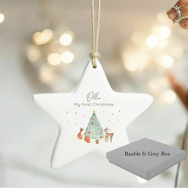 Personalised First Christmas Woodlands Scene Star Bauble