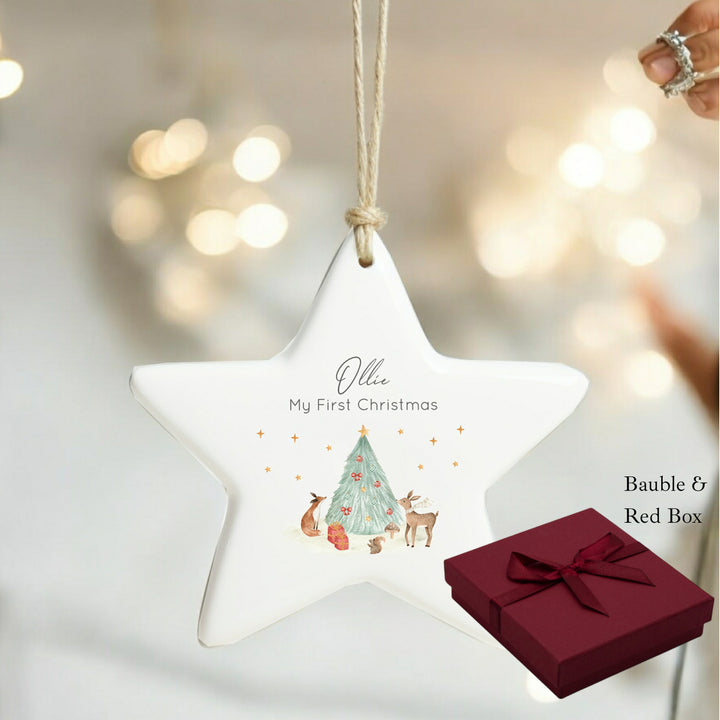Personalised First Christmas Woodlands Scene Star Bauble