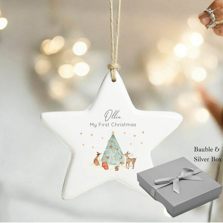 Personalised First Christmas Woodlands Scene Star Bauble