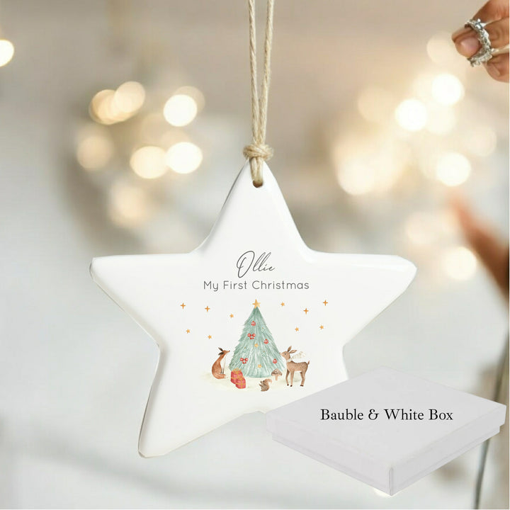 Personalised First Christmas Woodlands Scene Star Bauble