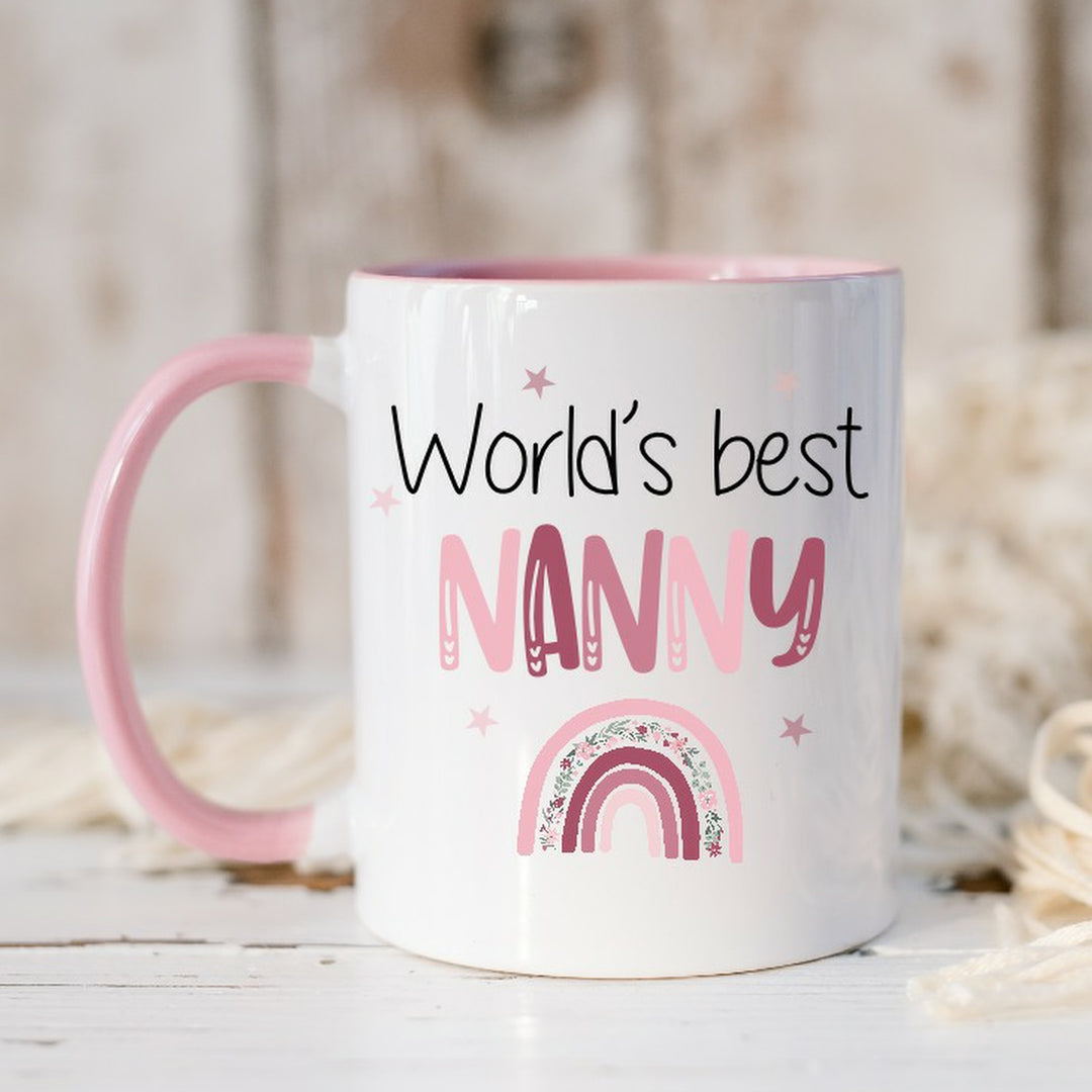 Personalised World's Best Mummy/Nanny Pink Rainbow Mug