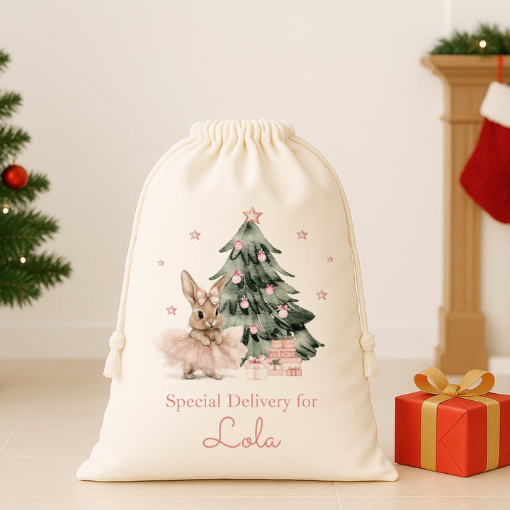 Personalised Pink Ballerina Bunny Christmas Canvas Santa Sack