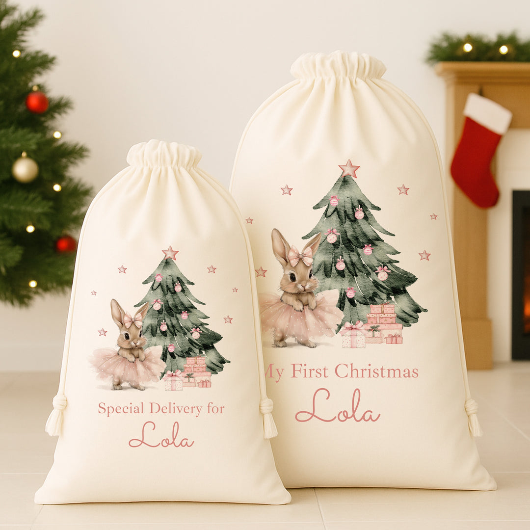 Personalised Pink Ballerina Bunny Christmas Canvas Santa Sack