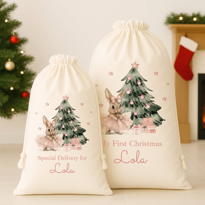 Personalised Pink Ballerina Bunny Christmas Canvas Santa Sack
