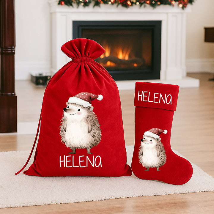 Personalised Festive Hedgehog Christmas Stocking or Santa Sack