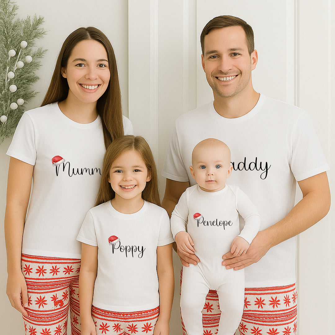 Personalised Name With Santa Hat Matching T-shirts With Optional Trousers