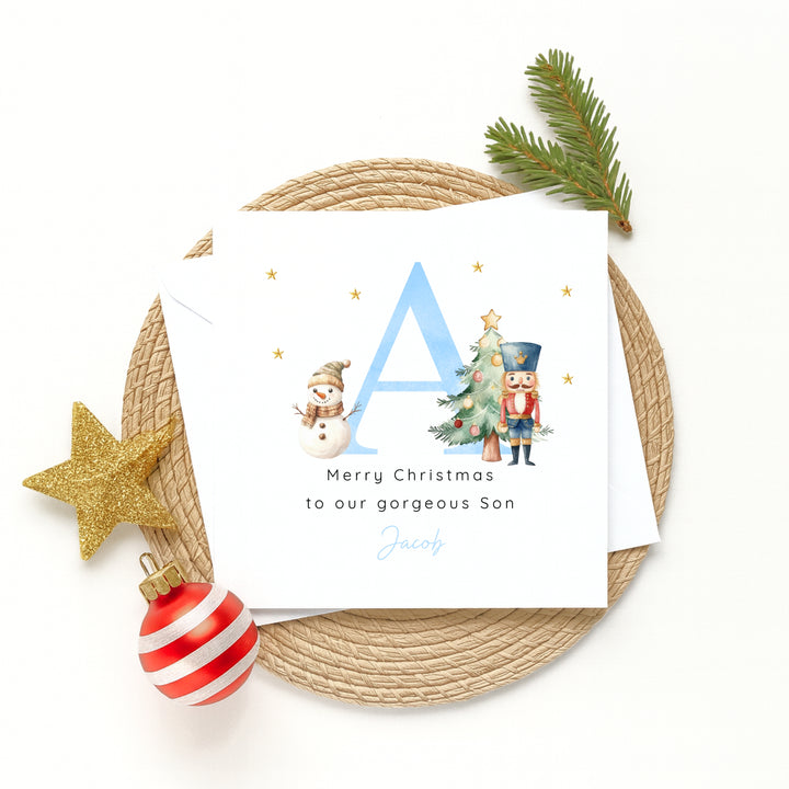 Personalised Blue Initial Nutcracker Christmas Card