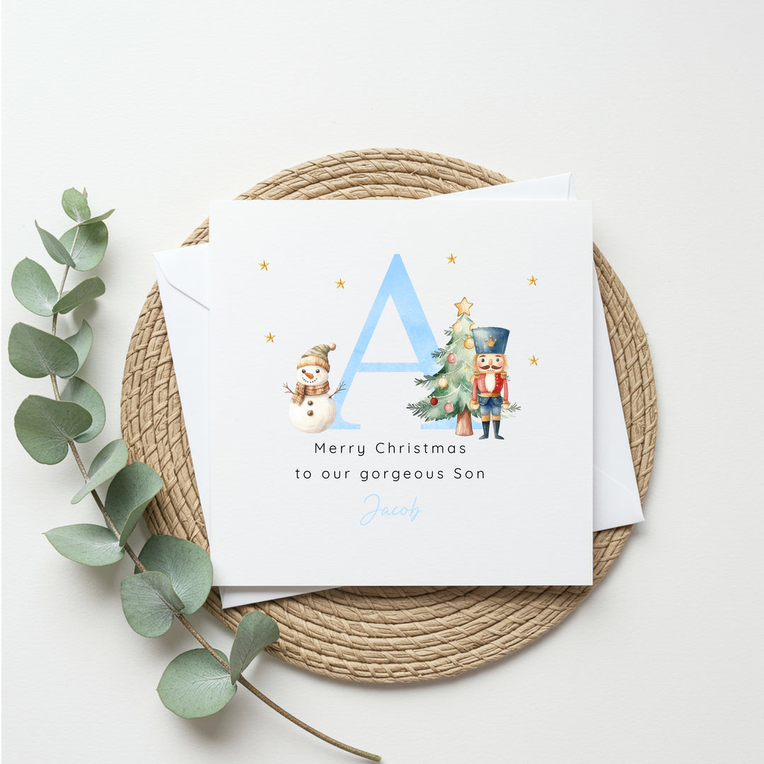 Personalised Blue Initial Nutcracker Christmas Card