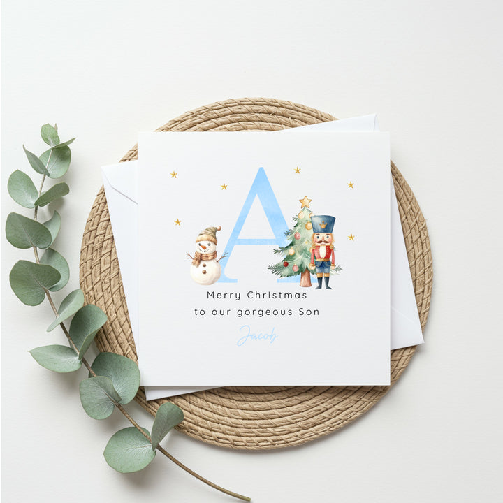 Personalised Blue Initial Nutcracker Christmas Card