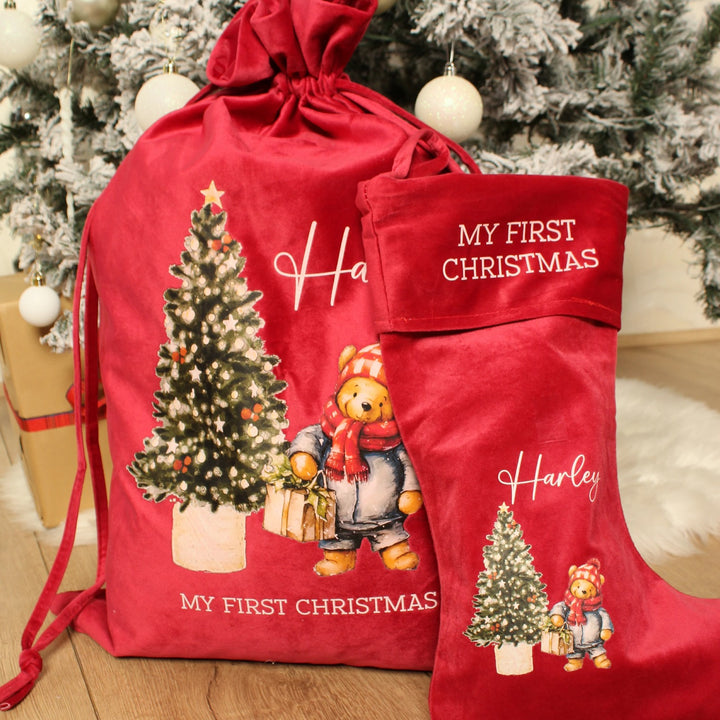 Personalised Pooh Bear Christmas Stocking or Santa Sack